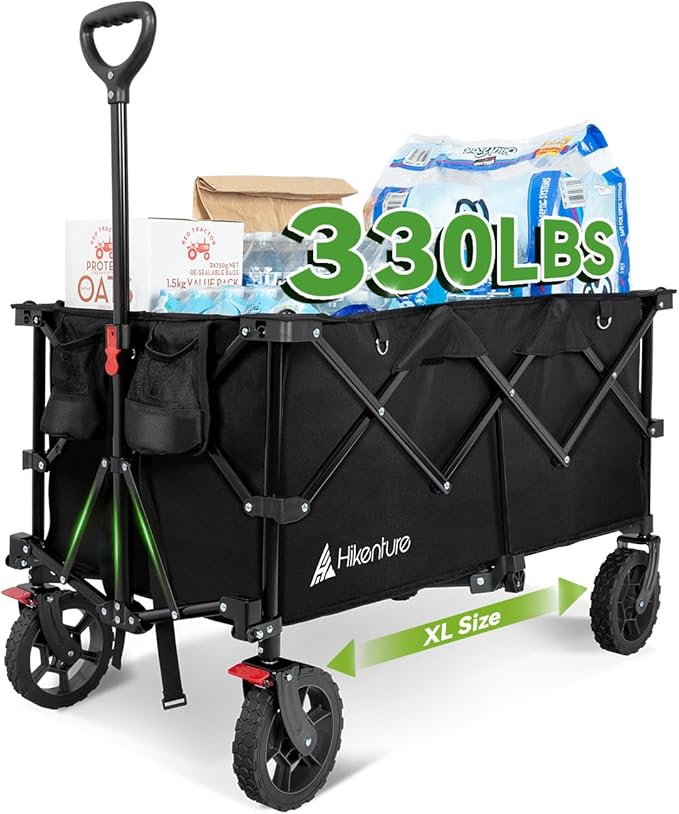 Hikenture 330lbs Collapsible Wagon Cart, Ultra-Large Wagons Carts Foldable Heavy Duty, Utility All Terrain Folding Wagon with Wheels for Groceries, Garden, Sports, Beach, Shopping, Black