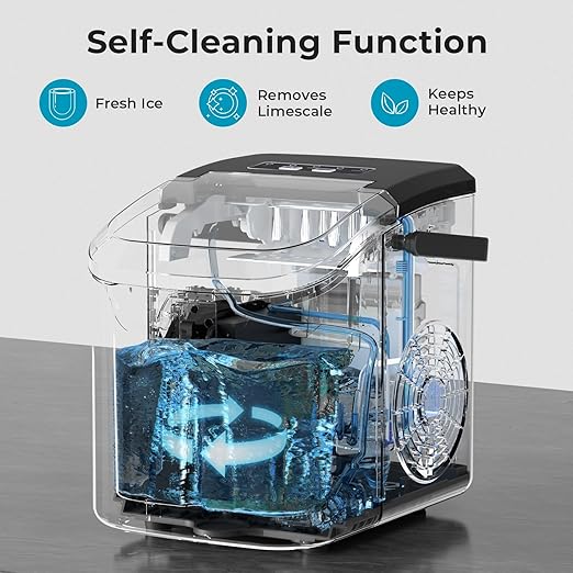 Ice Makers Countertop, 8pcs/ 6mins with 2 Sizes, Self-Cleaning, 26.5Lbs/Day Quiet Portable Mini Ice Machine with Basket/Scoop, Energy Saving for Home/Office/Kitchen/RV, Black