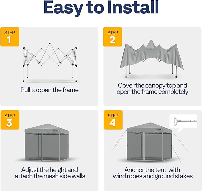 VIVOHOME 8x8ft Easy Pop-Up Canopy, Outdoor Screen Tent with Mosquito Netting, 2 Zipper Doors, and Roller Bag for Yard Camping Picnic Party Events, Grey