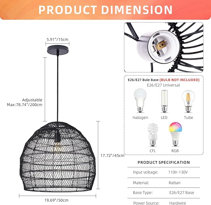 Arturesthome 19.6" Rattan Chandelier for Kitchen,Black Woven Basket Pendant Light Shades, Handwoven Pendant Lampshade for Bedroom Kitchen Farmhouse