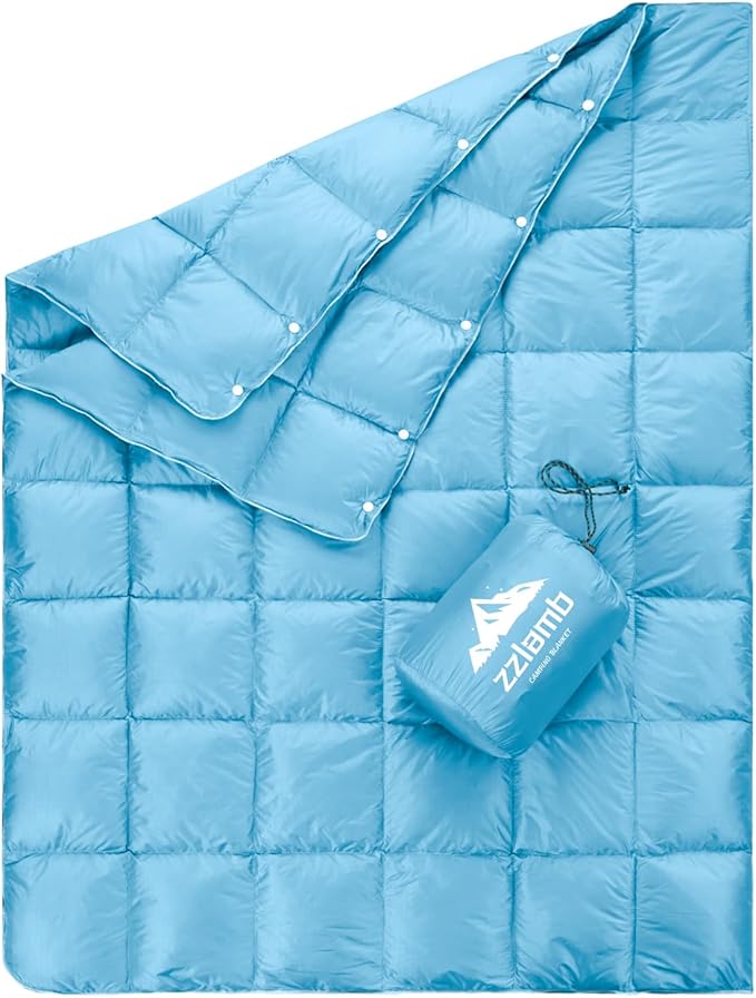zzlamb Puffy Down Camping Blanket Water-Repellent, Down Throw Travel Blanket Portable for Outdoor, Light Warm Quilt for Couch Plane Car Theater Stadium Picnic RV Backpacking Hammock