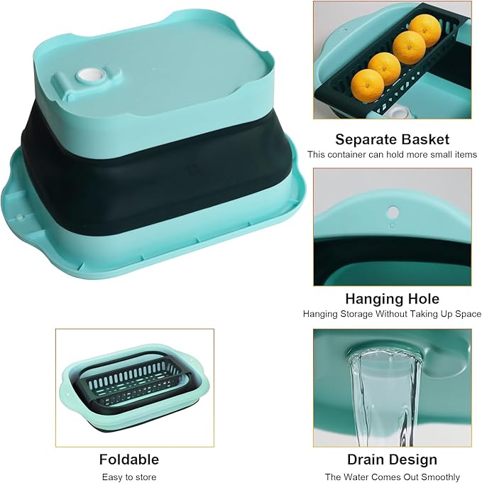 2.77 Gallon (10.5L) Collapsible Dish Basin with Drain Plug, Green Camping Dish Basin for RV, Space-Saving Foldable Wash Tub, BPA-Free Portable Sink for Vegetables and Dishes- with Brush