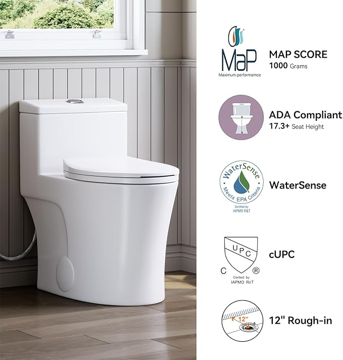 HOROW T0338WM Elongated One Piece Toilet Matte White, ADA Toilet 17.3" with Comfort Chair Height Seat, 0.8/1.28 GPF Powerful Dual Flush Toilet for Bathroom, MAP 1000g, 12" Rough-in Skirted Toilet Bowl