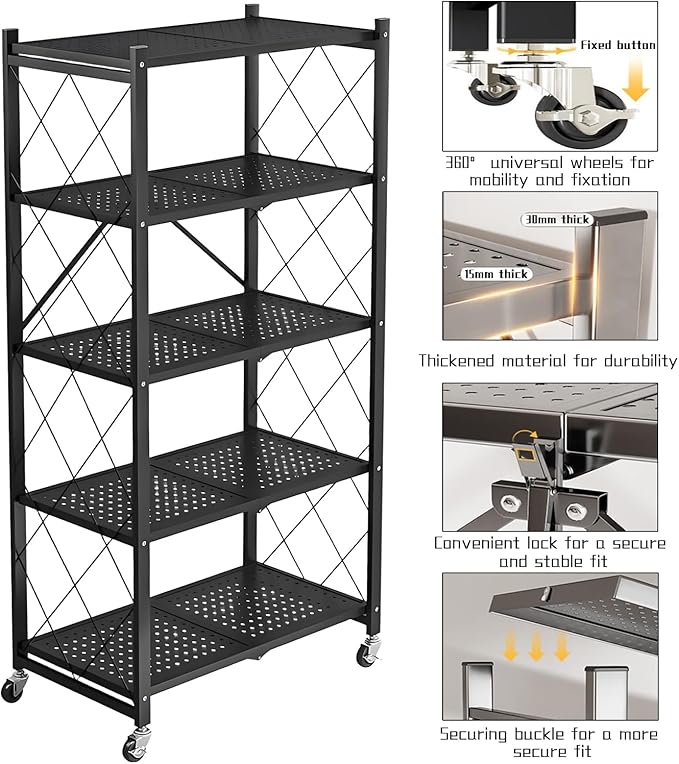 4-Tire Storage Rack, Height Adjustable, 32 * 13 * 61in Foldable Metal Garage Storage Shelves Organizer, Portable Metal Kitchen Shelving, Closet Shelving Unit Bakers Rack (White 5 Shelfs)