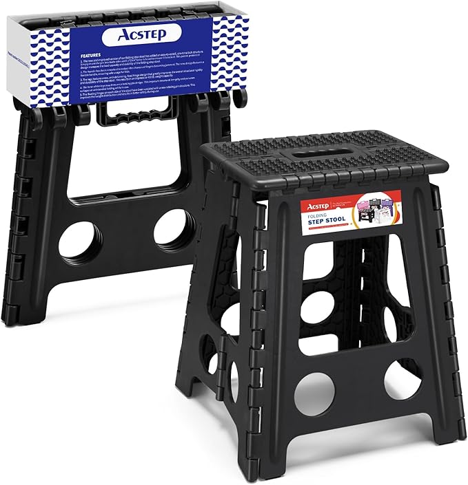 ACSTEP 16 Inch Folding Step Stool for Adults and Kids, Non-Slip Plastic Foldable Stepping Stool, Collapsible Folding Stool with Handle Holds Up to 400lbs for Kitchen, Dot Black (1 Pack)