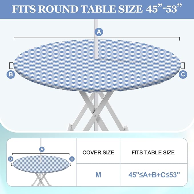2 Pcs Round Outdoor Tablecloth with Umbrella Hole - Anti-Wrinkle Polyester Tablecloth with Elastic Zipper Table Cover for Summer Patio Camping Party(45''-53'',Plaid)