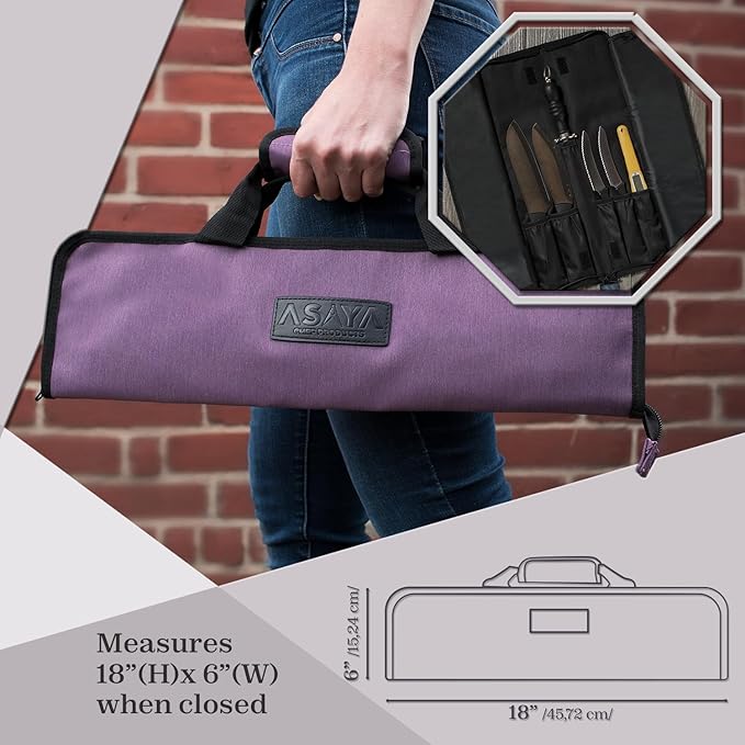 Asaya Chef Knife Roll Bag - 12 Pockets for Knives and Kitchen Utensils - Lightweight, Durable, and Stain Resistant Nylon - Perfect for the Traveling Chef - Knives not Included (Purple)