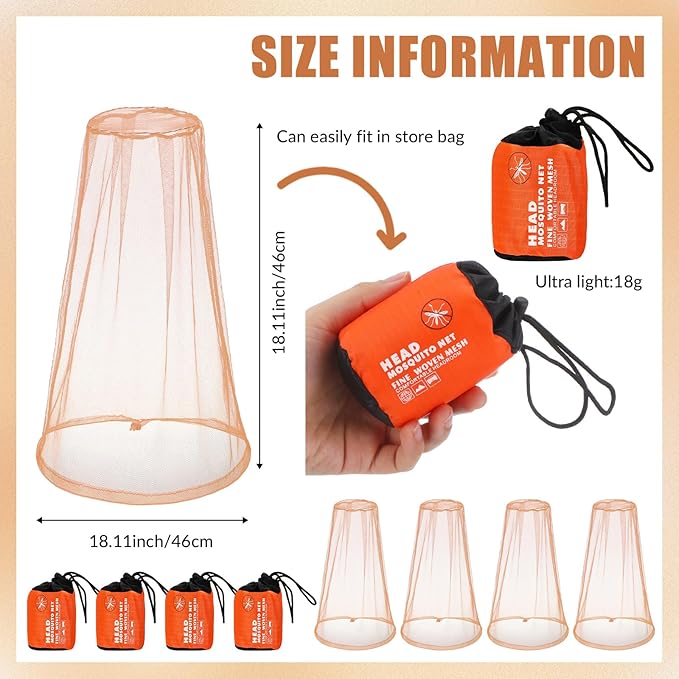 HESTYA 4 Pack Mosquito Head Net Face Mesh Protecting Net for Outdoor Hiking Camping Climbing Mosquito Fly Insects Preventing(Khaki)