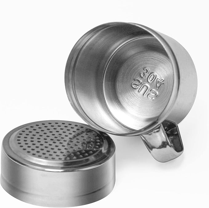 Stainless Steel Salt and Pepper Shakers Set, 10 OZ Seasoning Spice Shaker with Lid and Handle 127 Holes, Metal Dredge Shaker for Powder Sugar Cooking Kitchen Baking (2 Pieces)