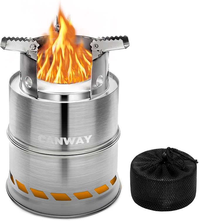 CANWAY Camping Stove, Wood Stove/Backpacking Survival Stove, Windproof Anti-Slip Portable Stainless Steel Wood Burning Stove with Nylon Carry Bag for Outdoor Backpacking Hiking Traveling Picnic BBQ