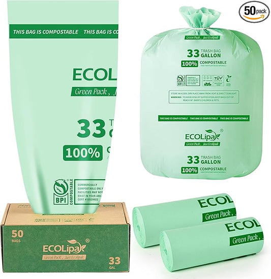 ECOLipak 33 Gallon Compostable Trash Garbage Bags, 50 Count (2 Rolls) Biodegradable Heavy Duty Large Outdoor Trash Bags for Lawn/Yard, US BPI ASTM D6400 and OK Compost Home Certified