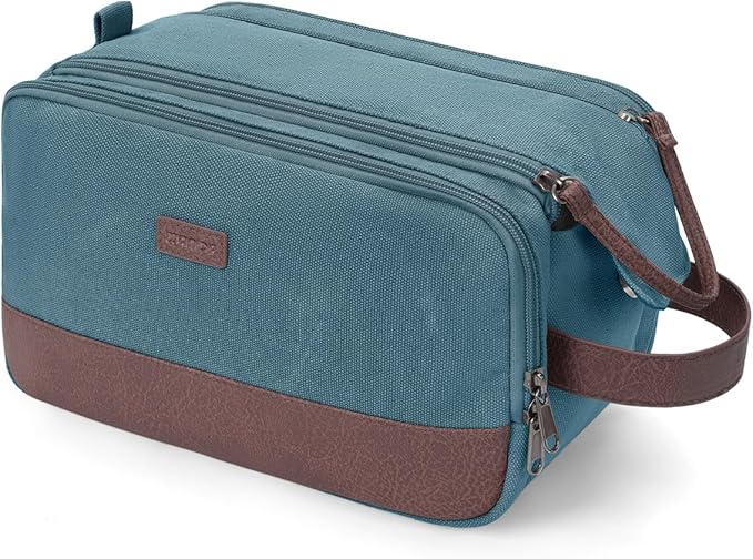 WANDF Toiletry Bag for Men Travel Toiletry Organizer Canvas and Leather Dopp Kit Water-Resistant Shaving Bag for Travel Accessories (Blue-Green, Large)