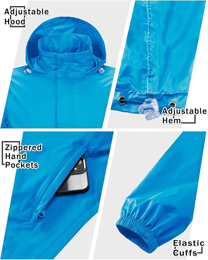33,000ft Men's Pullover Rain Jacket Waterproof with Hood Lightweight Packable Raincoat Windbreaker for Golf Travel