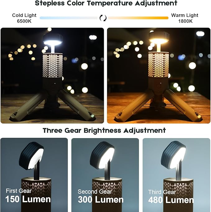 Telescopic Camping Lights,Portable Camping Lantern with Storage Bag,10500mAh Rechargeable Outdoor Adventure Emergency Light,Waterproof LED Work Lights with Magnetic (Khaki)