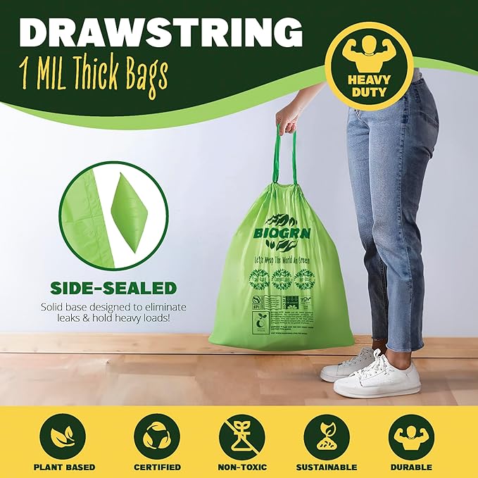 10-13 Gallon Compostable Trash Bags Drawstring 30 Bags Heavy Duty Extra Thick 1 Mil 49.21 Liter Tall Kitchen Food Scrap Waste Compost Bags Green ASTM D6400 US BPI and OK Compost Home Certified