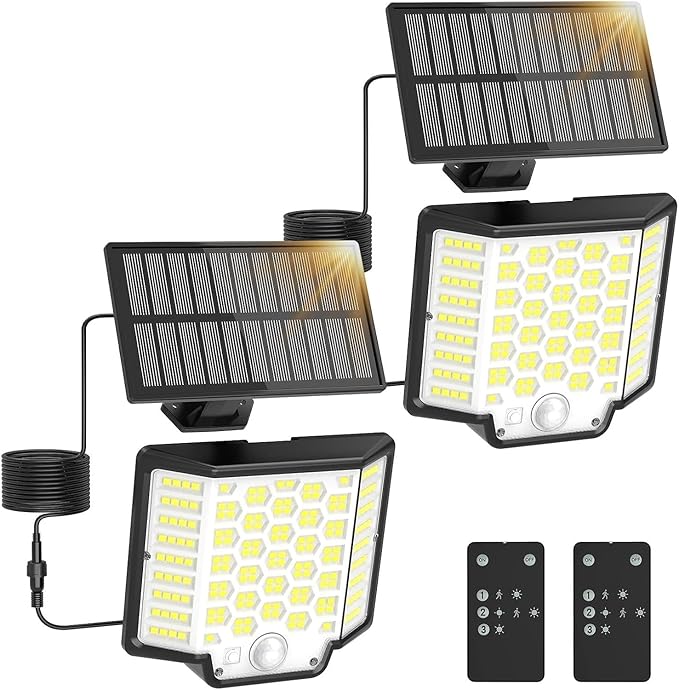 Solar Flood Lights Outdoor Waterproof, 2-Pack 186 LED Solar Wall Light Outside 2500LM, 3 Modes Remote Control with Motion Sensor, Dusk to Dawn Luces Solares, IP65 for Yard, Patio, Garden, Garage