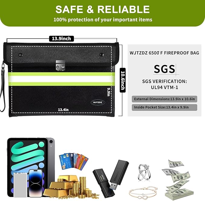 6500°F Fireproof Document Bag with Lock,2025 Upgraded Fireproof/Waterproof Money Bag with Zipper/Reflective Strip,Storage Pouch for A4 Letter Size Document,Cash,Cell Phone,Passport