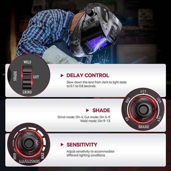 ARCCAPTAIN 3.94"X3.66" Welding Helmet Auto Darkening, 1/1/1/1 Top Optical Clarity Large Viewing Screen Solar Power Welding Hood with 4 Arc Sensor, Wide Shade 4-5/5-9/9-13 for TIG MIG ARC Welding Cut