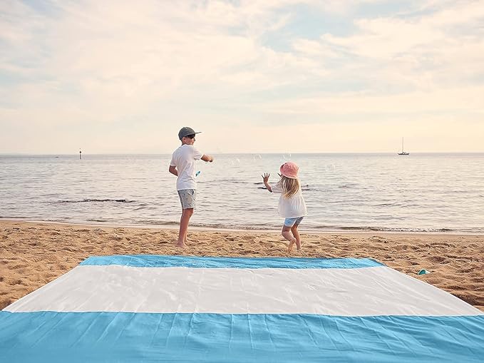 WEKAPO Beach Blanket Sandproof Waterproof, Extra Large Beach Mat, Oversized & Compact Sand Free Mat Quick Drying, Lightweight & Durable with 6 Stakes & 4 Corner Pockets