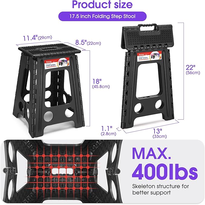 ACSTEP 17.5 Inch Folding Step Stool for Adults and Kids, Non-Slip Plastic Foldable Stepping Stool, Collapsible Folding Stool with Handle Holds Up to 400lbs for Kitchen, Dot Black (1 Pack)