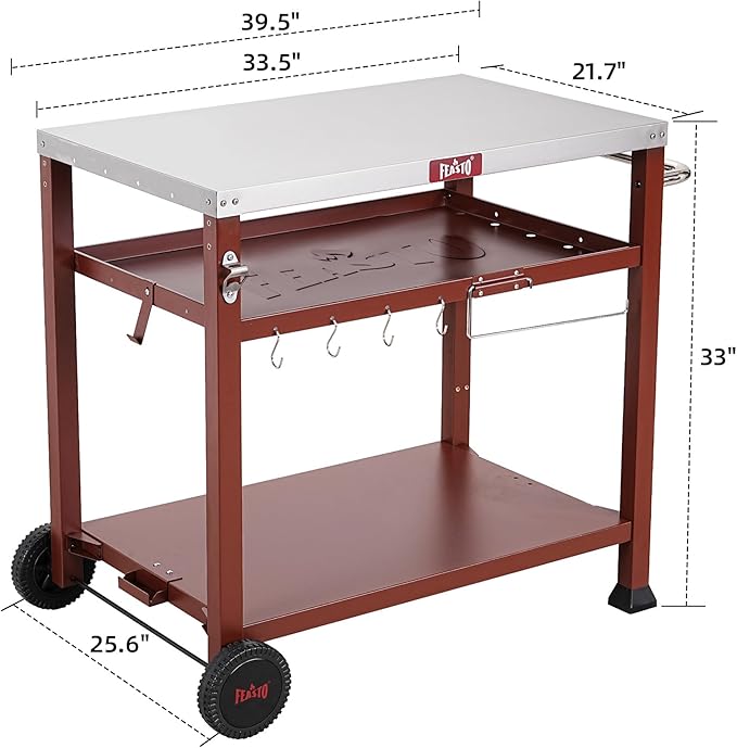 3-Shelf Outdoor Grill Table,Grill Cart Pizza Oven Table for Outside,Movable Prep Cart,Indoor & Outdoor Cooking Station,Grill Cart with Wheels, Metal Work Table for Ooni 14'' Blackstone Griddle