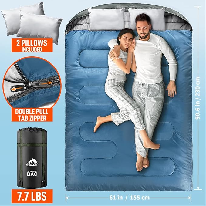 MEREZA Double Sleeping Bag for Adults Mens with Pillow, XL Queen Size Two Person Sleeping Bag for All Season Camping Hiking Backpacking 2 Person Sleeping Bags for Cold Weather & Warm