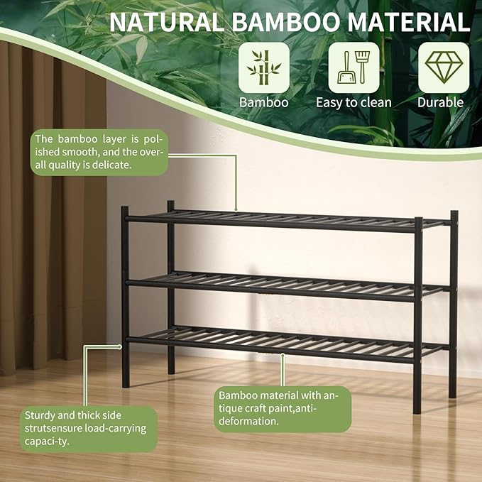 3-Tier Bamboo Long Shoe Rack, Free Standing Wood Shoe Shelf Storage Organizer for Closet Entryway Stackable 35"x11"x20" (Black)