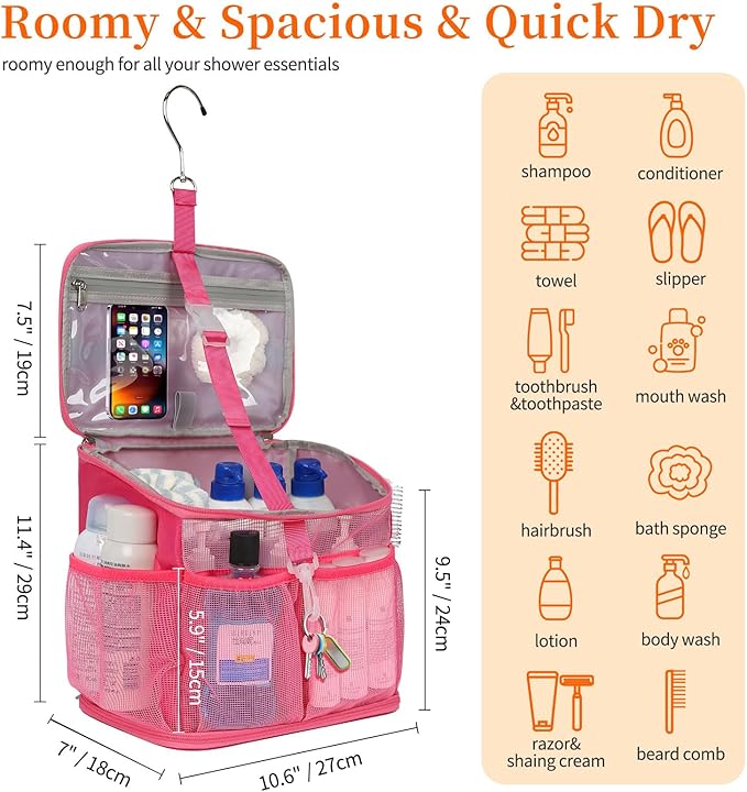 CUBETASTIC Shower Caddy Portable Mesh Shower Tote for Bathroom, Gym, Travel, Camping - Quick Dry Hanging Organizer Toiletry Bag with Handle for College Dorm Room, Men & Women (A# Hot Pink, 9.8")