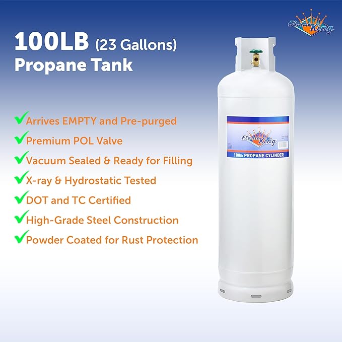 Flame King 100LB (23 Gal) Steel Propane Tank Cylinder with POL Valve and Collar, Great for Mixed Heating Systems, Home fireplaces, Dryers and Grills