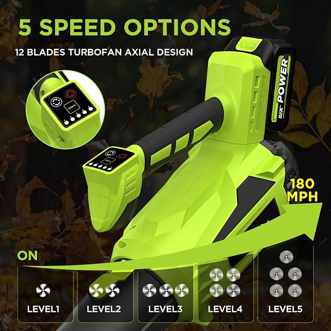 Leaf Blower Cordless, WOKEGI 21V 2 x 4.0Ah Batteries and Fast Charger, with 5-Speeds & Turbo Mode Electric Cordless Leaf Blower, Brushless,3 Tubes for Patio,Lawn,Yard,Garage,Blowing Leaves, Dust, Snow