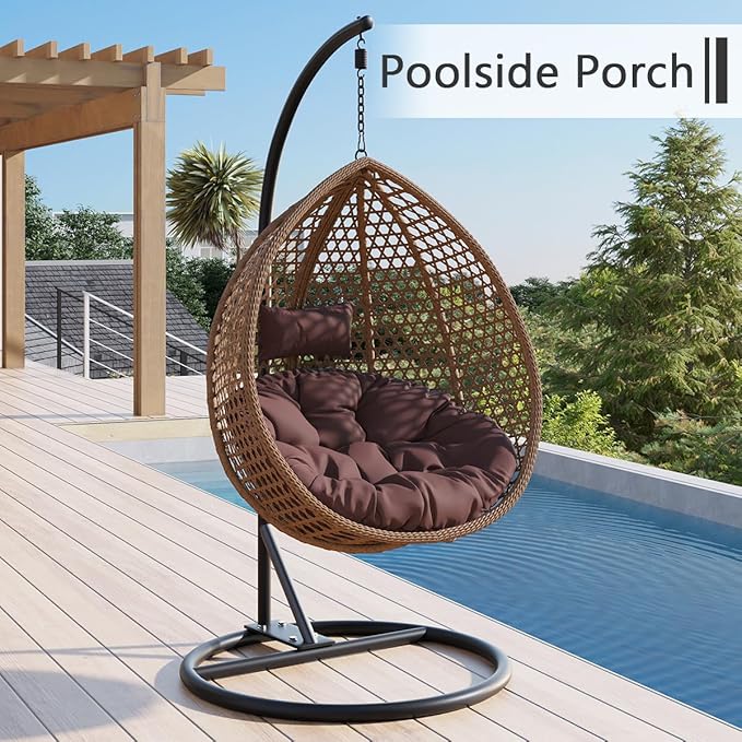 JUFU Egg Swing Chair with Stand,Hanging Egg Chair Indoor Outdoor,Hammock Hanging Basket Chair with Aluminum Steel Frame，Patio Egg Chair with Removable Cushions for Patio Balcony Backyard,Bedrooms
