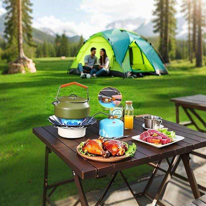 Windproof Camping Stove with Piezo Ignition, Portable Gas Stove for Camping, Backpacking Camp Stove for Outdoor Cooking, Folding Lotus Windshield, Small Adjustable Burner for BBQ, Hiking, Picnic