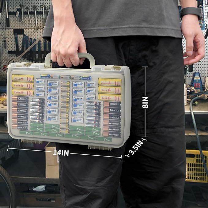 Battery Organizer Storage Holder Box Case with Tester- 269 Batteries Double-Sided Variety Pack, Holds AA AAA 4A C D Cell 9V 3V Lithium LR44 CR2 CR123 CR1632 18650 Button- White(Box Only)