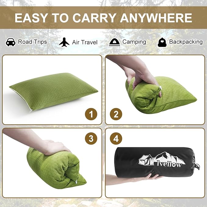 Ivellow Memory Foam Travel Pillow Compressible Camping Pillow for Sleeping Shredded Memory Foam Pillow Compact Firm Supportive Small Pillow for Adults Kids Outdoor Backpacking Hiking Essential Gear-S