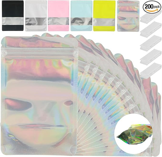 200 Pcs Mylar Bags for Food Storage 5x8 Mylar Bag with Window, Stand Up Holographic Resealable Bags for Food, Smell Proof Bag Freeze Dried Candy Sealable Pouch Jewelry Bracelet Packaging