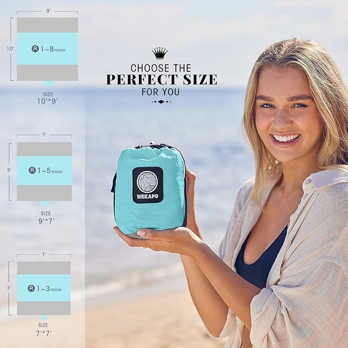 WEKAPO Beach Blanket Sandproof Waterproof, Extra Large Beach Mat, Oversized & Compact Sand Free Mat Quick Drying, Lightweight & Durable with 6 Stakes & 4 Corner Pockets