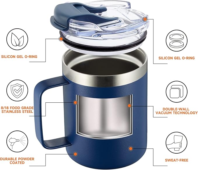 ALOUFEA 12oz Stainless Steel Insulated Coffee Mug with Handle, Double Wall Vacuum Travel Mug, Tumbler Cup with Fliping Lid, Navy and Army Green
