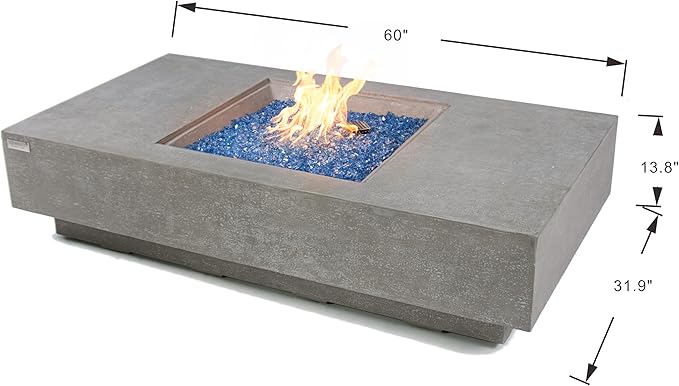 Elementi+ | Bundle Monte Carlo Gas Fire Pit Cast Concrete 60" Rectangular Fire Table | Electronic Ignition | Canvas Cover, Fire Glass and Burner Lid Included | Light Gray | Natural Gas