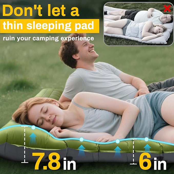 Double Sleeping Pad, Extra Thick 6 Inch Sleeping Pad for Camping 2 Person with Built-in Pillow & Foot Pump Ultralight Compact Inflatable Camping Mat for Backpacking Hiking Travel Tent Camp Gear Gifts