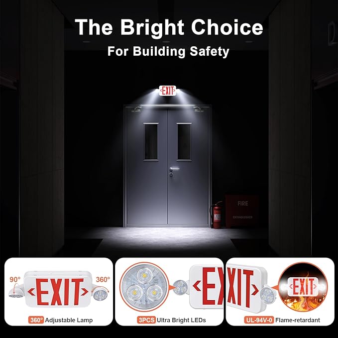 Led Exit Sign Emergency Light Combo Adjustable Two Head,Double Sided and Battery Backup Exit Light,Red Letter Hardwired Emergency Exit Sign,AC 120/277V,UL Listed,Ceiling&Wall Mount (1 Pack)