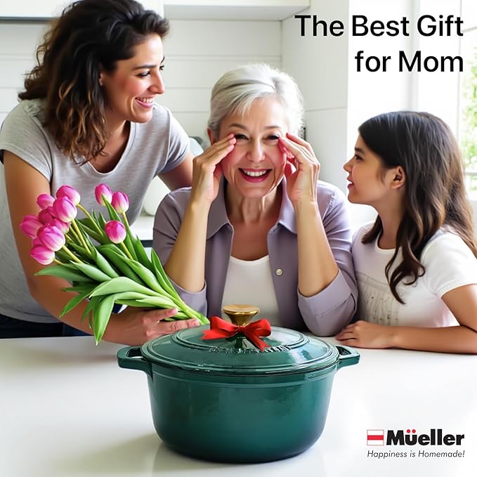 MÜELLERHOME 7.5 QT Enameled Cast Iron Dutch Oven, Heavy-Duty Casserole Dish and Braiser Pan with Lid and Stainless Knob, Oven-Safe up to 500° F & Across All Cooktops, Emerald