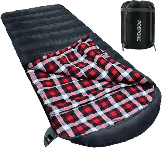 0 Degree Sleeping Bag 100% Cotton Flannel XXL Cold Weather Winter Oversized Sleeping Bag for Adults Camping Zero Degree Big and Tall with Compression Sack