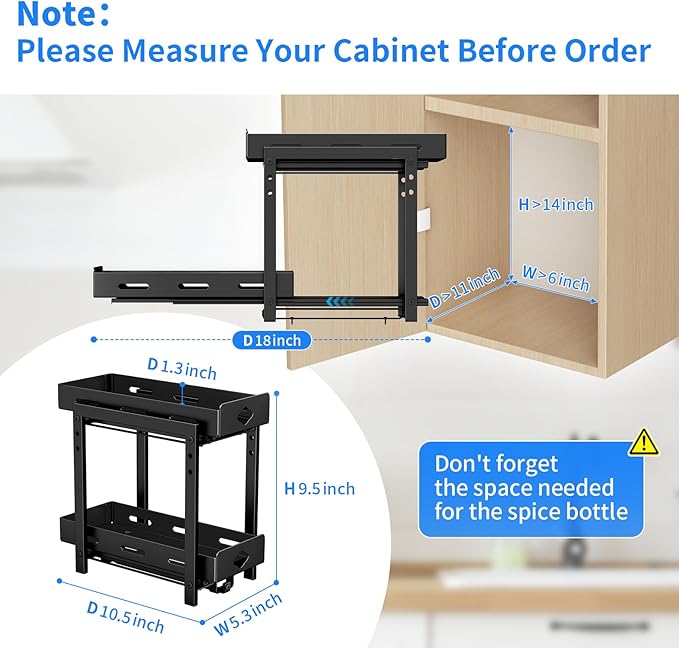 Pull Out Spice Rack Organizer, 2-Tier Vertical Spice Rack, Height Adjustable for Kitchen Cabinet (5.3''Wx10.8''Dx9.2''H, Metal Black)