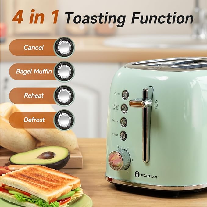 Aigostar Toaster 2 Slice Retro Toaster Stainless Steel, 1.6 inch Extra Wide Slots Bread Toaster Bagel, Cancel, Defrost Function, 6 Shade Settings & Removable Crumb Tray for Bread Waffle, Aqua Green