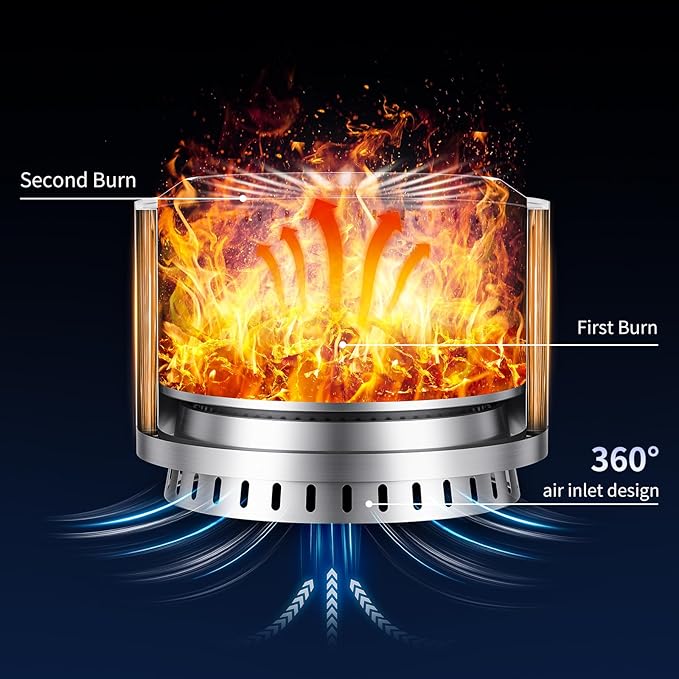 22 inch Smokeless Fire Pit with Waterproof Cover, Stainless Steel Outdoor Smokeless Firepit, Wood Burning Fire Pits for Camping, Bonfire,Low Smoke Firepit for Outside[Black]
