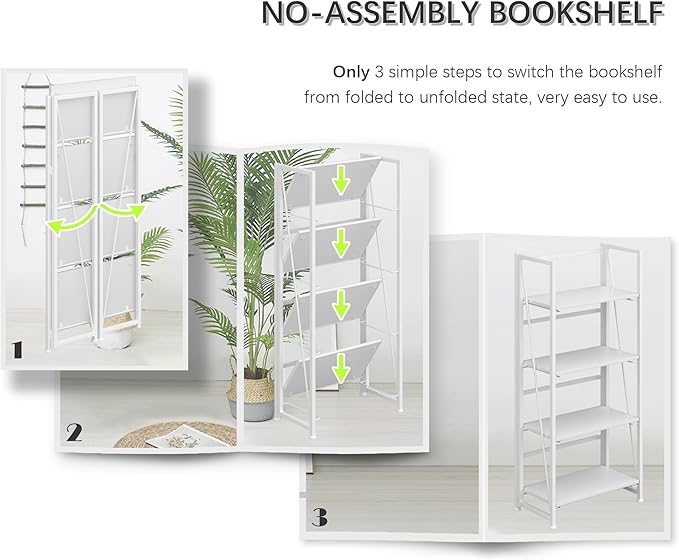 4NM No-Assembly Folding Bookshelf Storage Shelves 4 Tiers Vintage Bookcase Standing Racks Study Organizer Home Office (All White)