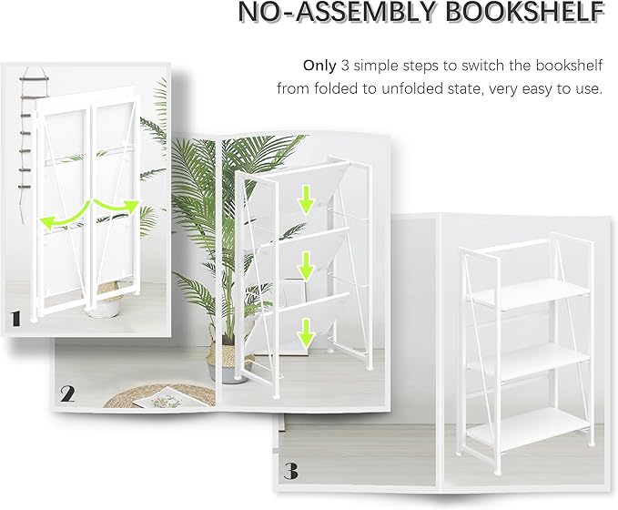 4NM No-Assembly Folding Bookshelf Storage Shelves 3 Tiers Vintage Bookcase Standing Racks Study Organizer Home Office (All White)