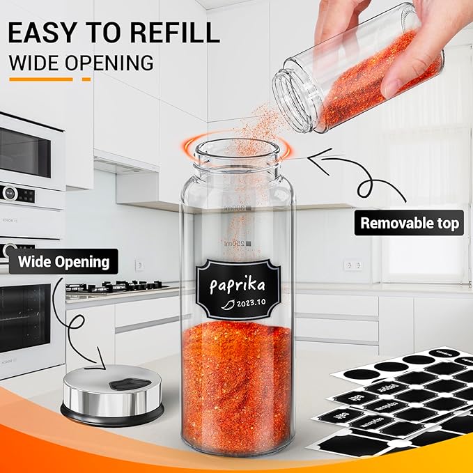 Segarty Glass Spice Jars, 3 Pack 10oz Large Spice Jar with Labels, Spice Container with Adjustable Shaker Lids, Salt Pepper Shakers Set Seasoning Bottles with 136 Stickers, 1 Chalk Marker and 1 Brush
