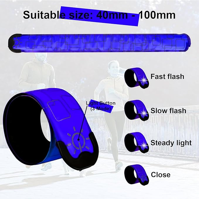 LED Safety Wristband Lights - Rechargeable Light Up Arm Ankle Band Kids Magic Slap Glow Bracelets Reflective Belt High Visibility for Night Cycling Walking Joggers Running Gear