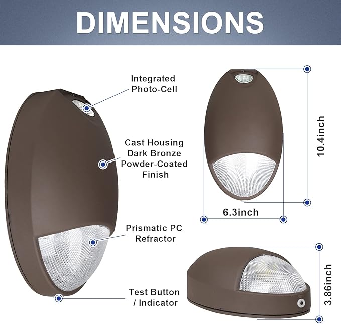 LED Emergency Light with Battery Backup Photocell Sensor, Self Test Diagnostics, Aluminum Exterior Waterproof Commercial Wall Pack Emergency Lighting Fixtures, 12W 120-277VAC, UL Certified (1-Pack)